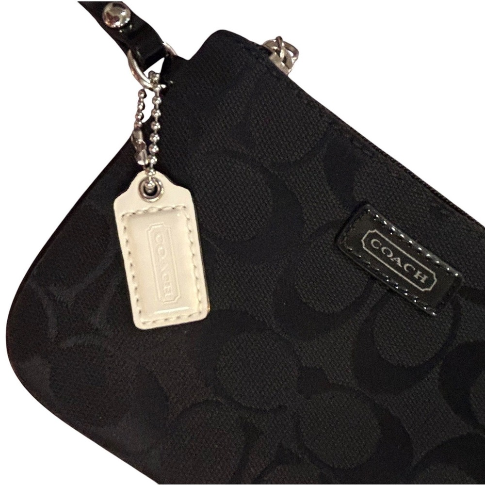 Coach Black Signature Jacquard Patent Leather Wristlet Logo Zip Pouch